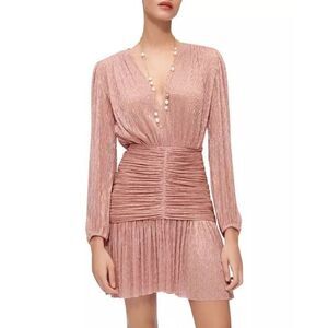 MAJE Rosina Ruched V-Neck Lamé Mini Dress